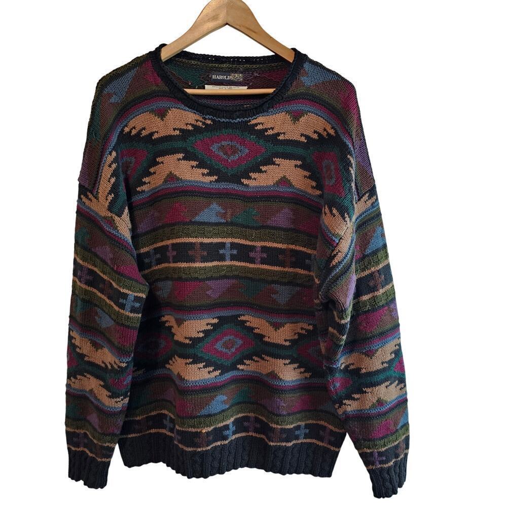 Vintage Harolds Sweater Mens Large Black 90s Preppy Cosby Knit Academia Grandpa